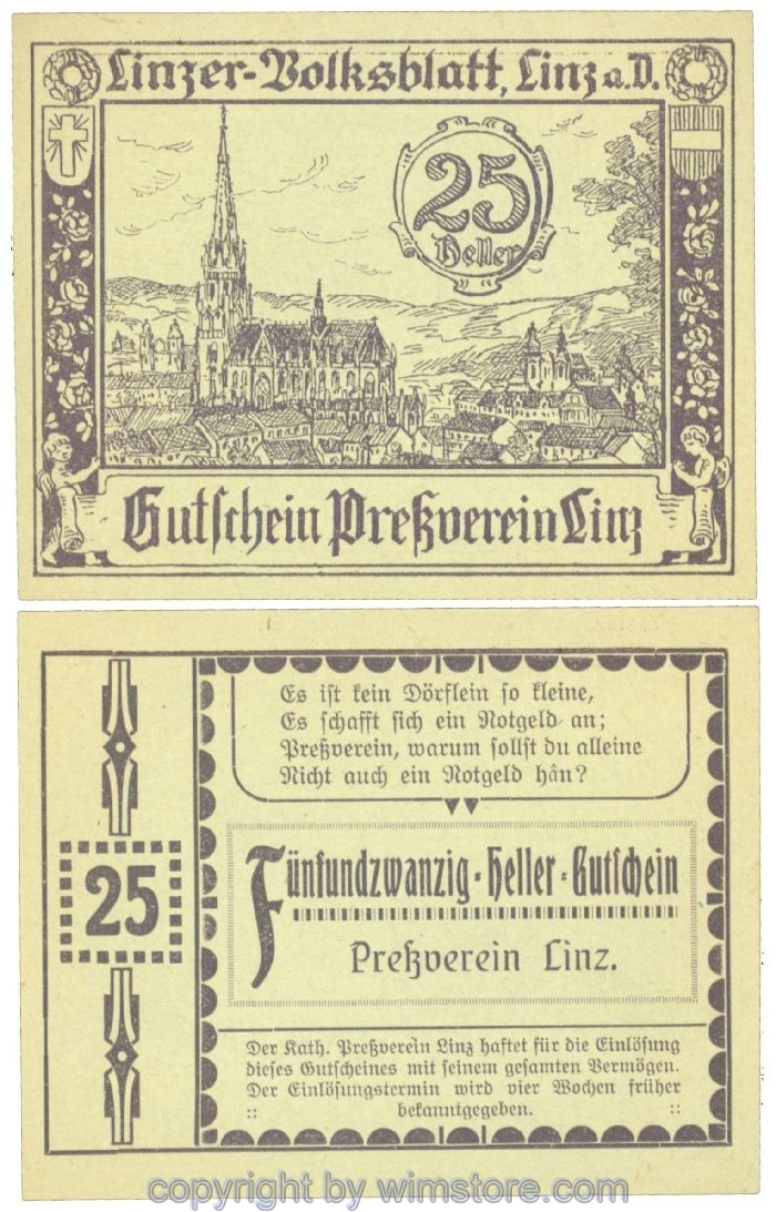 sn108391 Linz, Prv. Pressverein Linz, J00553Ih, 25 Heller; 1