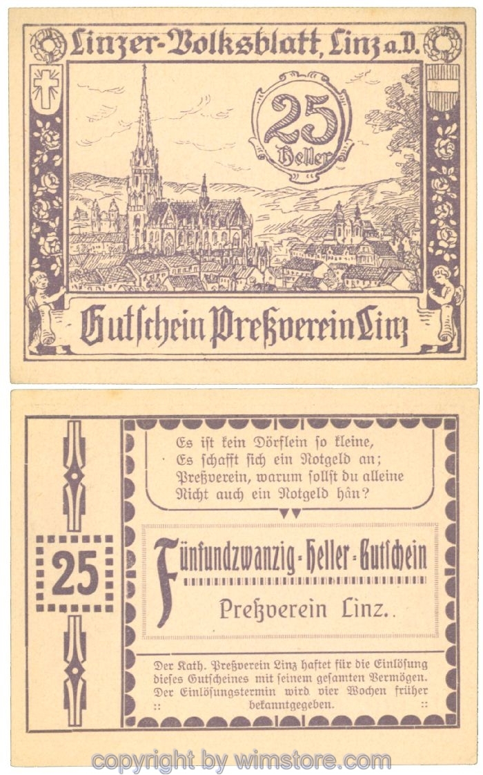 sn108394 Linz, Prv. Pressverein Linz, J00553Ii, 25 Heller; 1