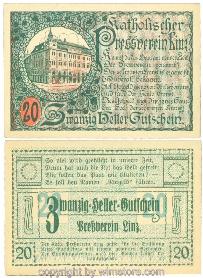 sn108399 Linz, Prv. Pressverein Linz, J00553IIa, 20 Heller; 1