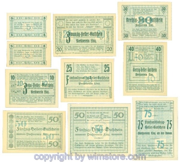 Linz, Prv. Pressverein Linz, J00553IIa, 5, 5, 10, 20, 25, 30, 40, 50, 50, 75 Heller; 1