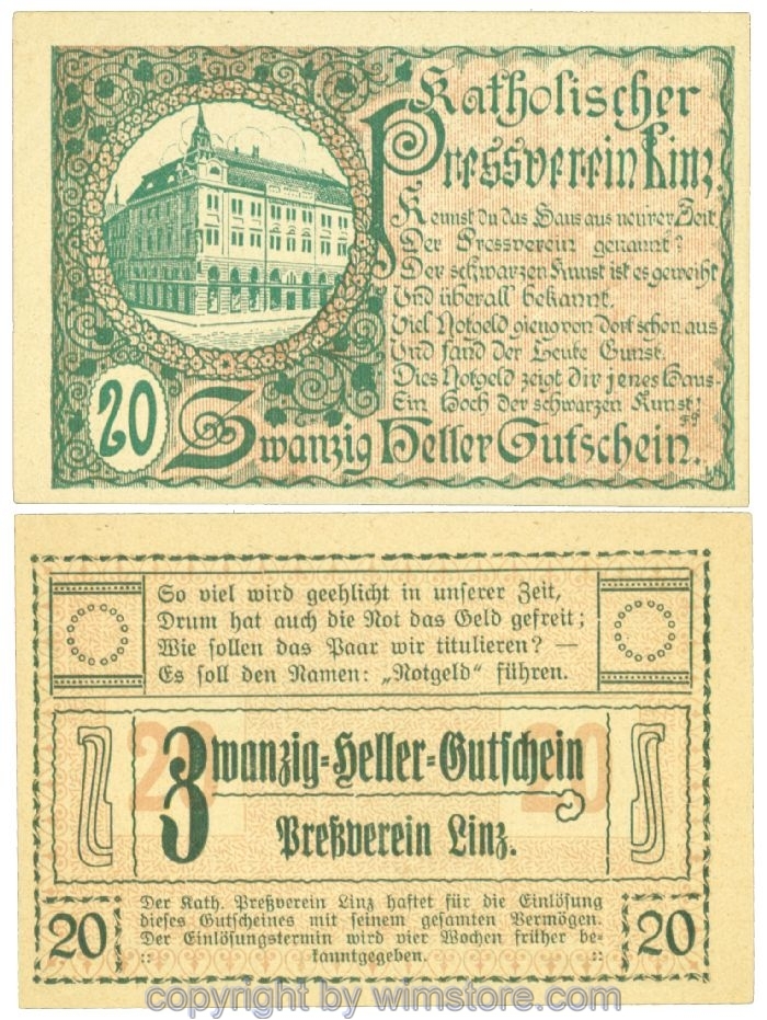 sn108418 Linz, Prv. Pressverein Linz, J00553IIe, 20 Heller; 1