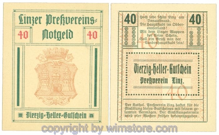 sn108420 Linz, Prv. Pressverein Linz, J00553IIe, 40 Heller; 1