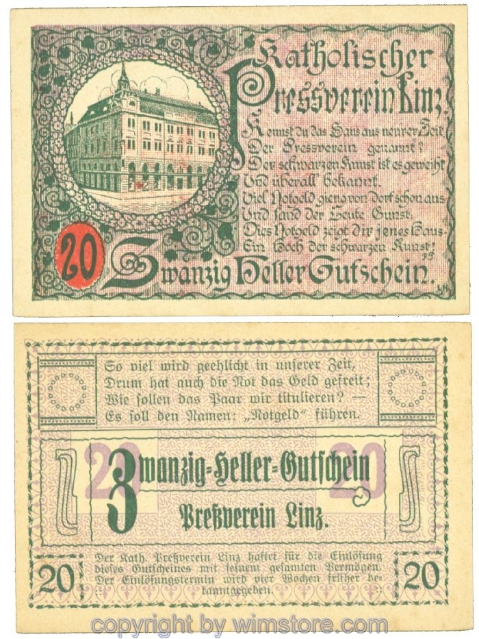 sn108427 Linz, Prv. Pressverein Linz, J00553IIf, 20 Heller; 1