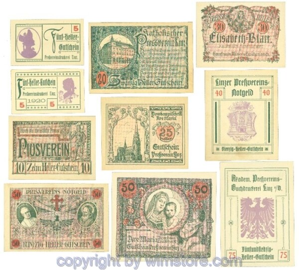 Linz, Prv. Pressverein Linz, J00553IIf, Serie 5, 5, 10, 20, 25, 30, 40, 50, 50, 75 Heller; 1