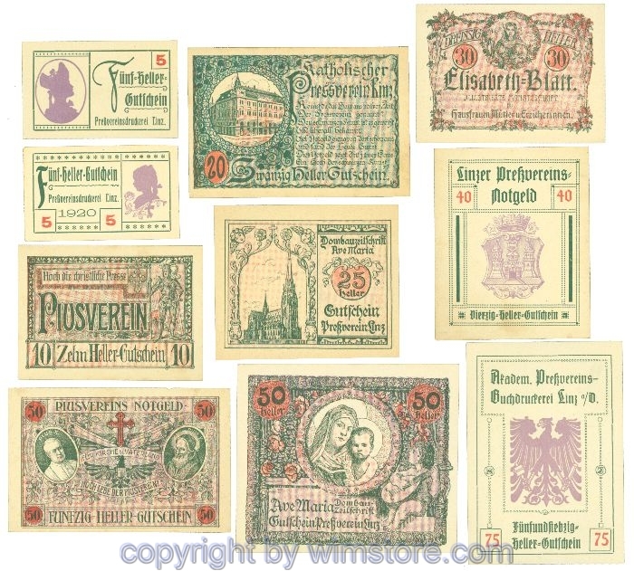 sn108433 Linz, Prv. Pressverein Linz, J00553IIf, Serie 5, 5, 10, 20, 25, 30, 40, 50, 50, 75 Heller; 1