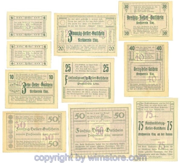 Linz, Prv. Pressverein Linz, J00553IIf, Serie 5, 5, 10, 20, 25, 30, 40, 50, 50, 75 Heller; 1