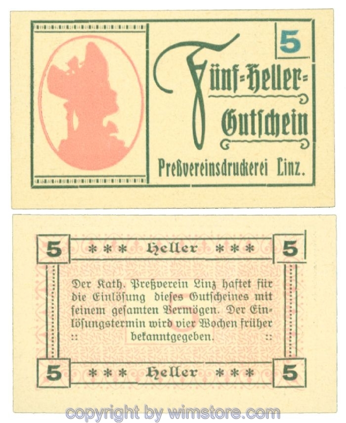 sn108434 Linz, Prv. Pressverein Linz, J00553IIg, 5 Heller; 1