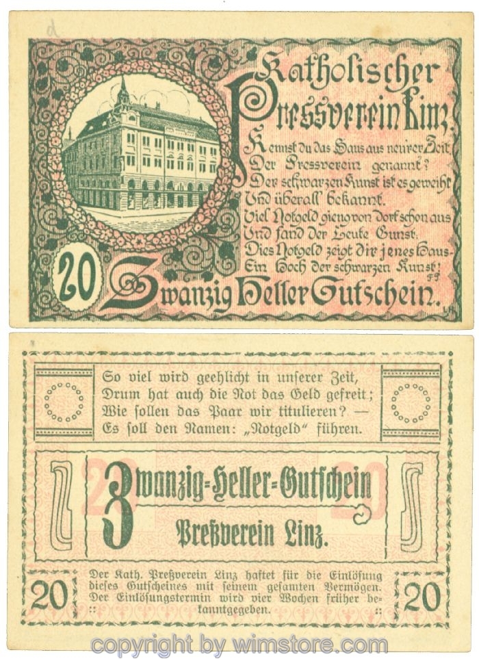 sn108436 Linz, Prv. Pressverein Linz, J00553IIg, 20 Heller; 1