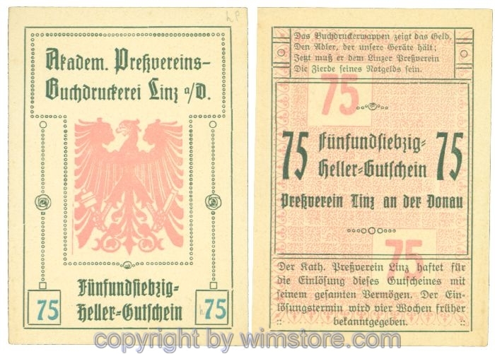 sn108440 Linz, Prv. Pressverein Linz, J00553IIg, 75 Heller; 1