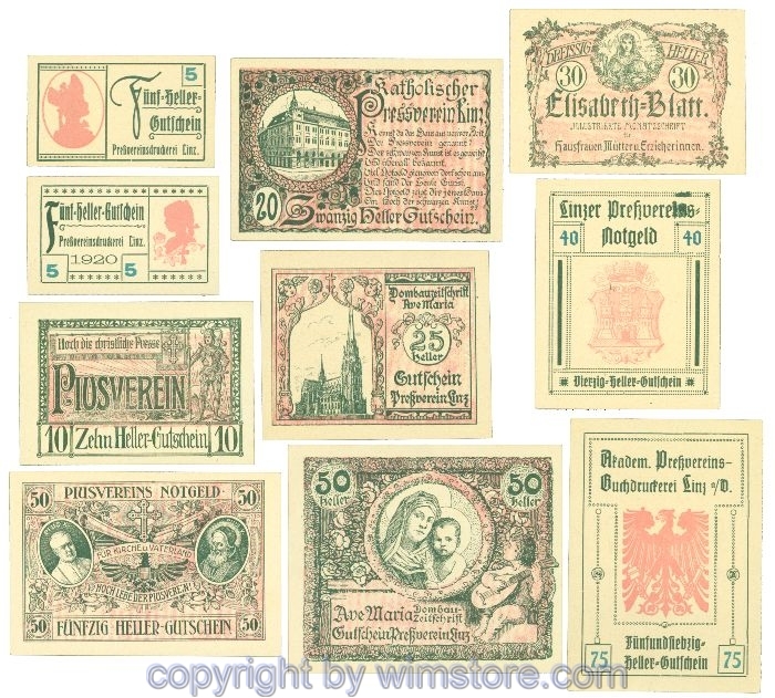 sn108441 Linz, Prv. Pressverein Linz, J00553IIg, Serie 5, 5, 10, 20, 25, 30, 40, 50, 50, 75 Heller; 1