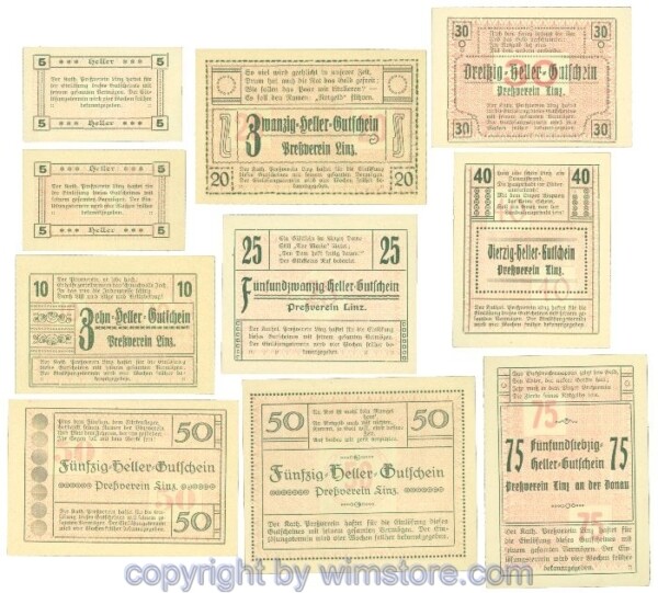 Linz, Prv. Pressverein Linz, J00553IIg, Serie 5, 5, 10, 20, 25, 30, 40, 50, 50, 75 Heller; 1