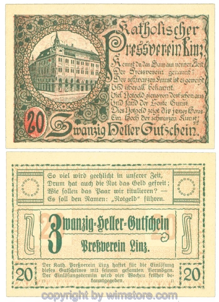 sn108443 Linz, Prv. Pressverein Linz, J00553IIh, 20 Heller; 1