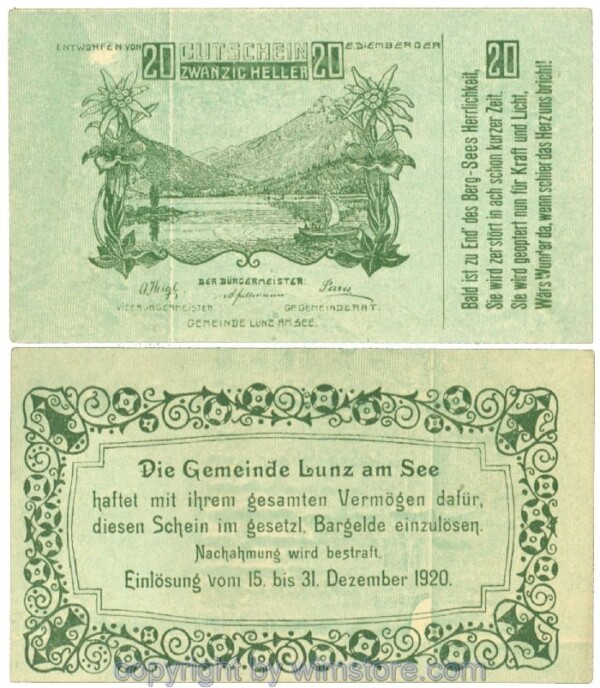 Lunz am See, J00571b1b, 20 Heller; 1, fleckig
