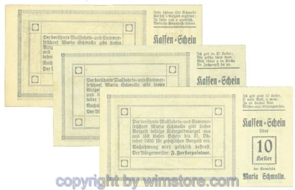 Maria Schmolln, J00587IIc, Serie 10, 20, 50 Heller; 2, 10 Heller fleckig