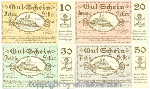 Maria Taferl, Prv. Josef Thalhammer u. Alois Freytag, J00589c, Serie 10, 20, 30, 50 Heller; 1