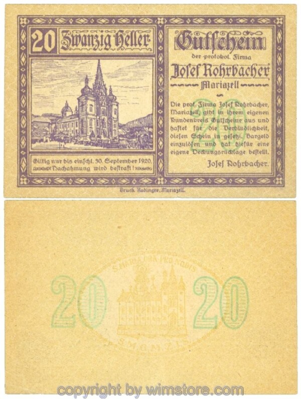 Mariazell, Prv. Josef Rohrbacher, J00591a1, 20 Heller; 1