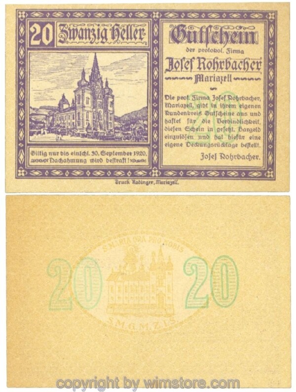 Mariazell, Prv. Josef Rohrbacher, J00591a2, 20 Heller; 1