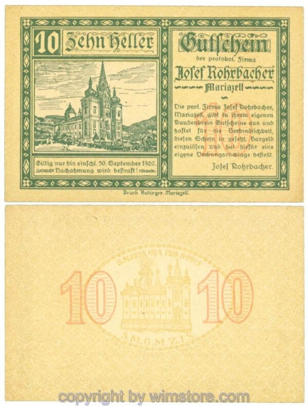 Mariazell, Prv. Josef Rohrbacher, J00591a4, 10 Heller; 1