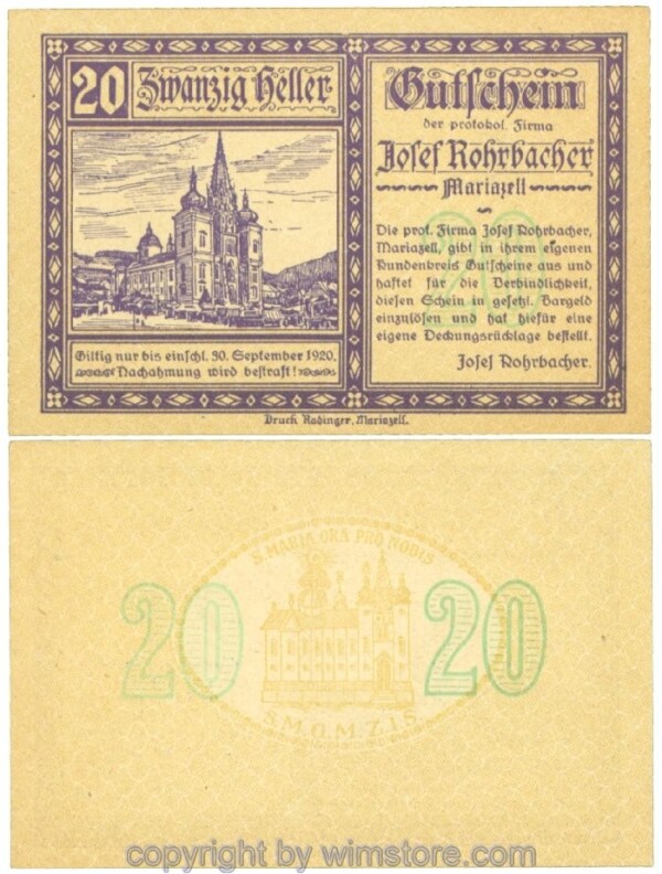 Mariazell, Prv. Josef Rohrbacher, J00591a4, 20 Heller; 1