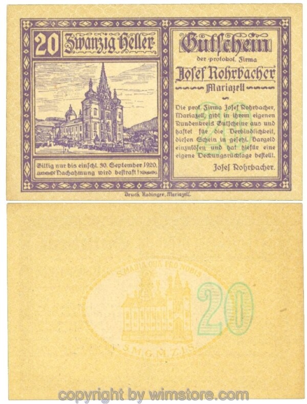Mariazell, Prv. Josef Rohrbacher, J00591aF, 20 Heller; 1