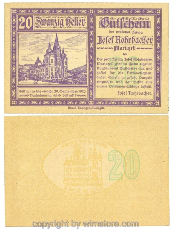 Mariazell, Prv. Josef Rohrbacher, J00591aF, 20 Heller; 1