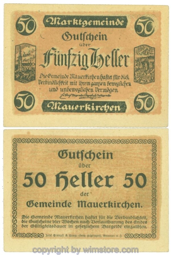 Mauerkirchen, J00598ICc, 50 Heller; 1, bei Wertfeld "50" in den Ecken verstempelt