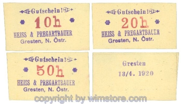 Gresten, Prv. Heiss & Pregartbauer, J00283b, Serie 10, 20, 50 Heller; 1