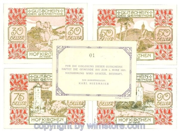 Hofkirchen im Traunkreis, J00387IIIo, Serie 30, 50, 75, 90 Heller; 1