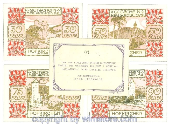Hofkirchen im Traunkreis, J00387IIIo, Serie 30, 50, 75, 90 Heller; 1