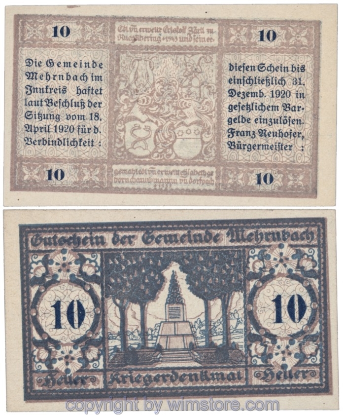 sn109086 Mehrnbach, J00604N1, 10 Heller; 1