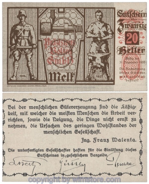 Melk, Prv. Präszisions-Bolzen-GmbH, J00606a, 20 Heller; 1