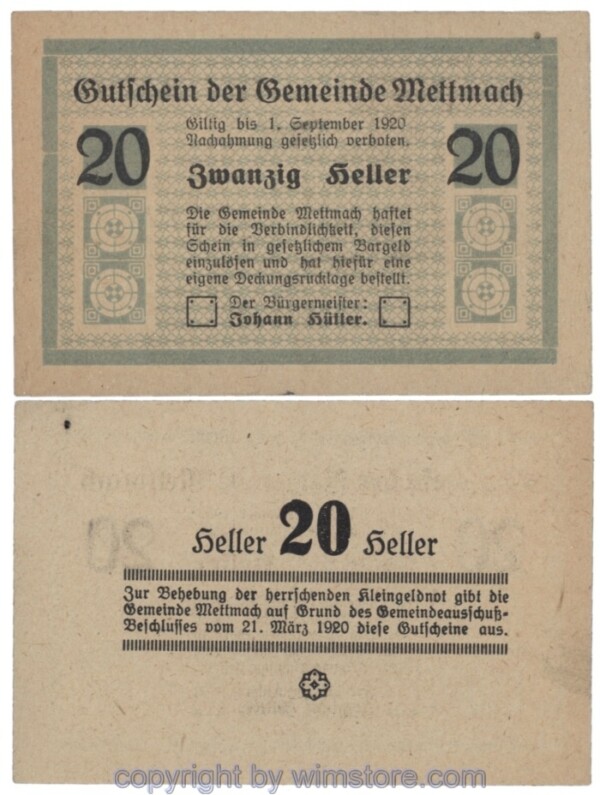 Mettmach, J00610IIIa, 20 Heller; 1