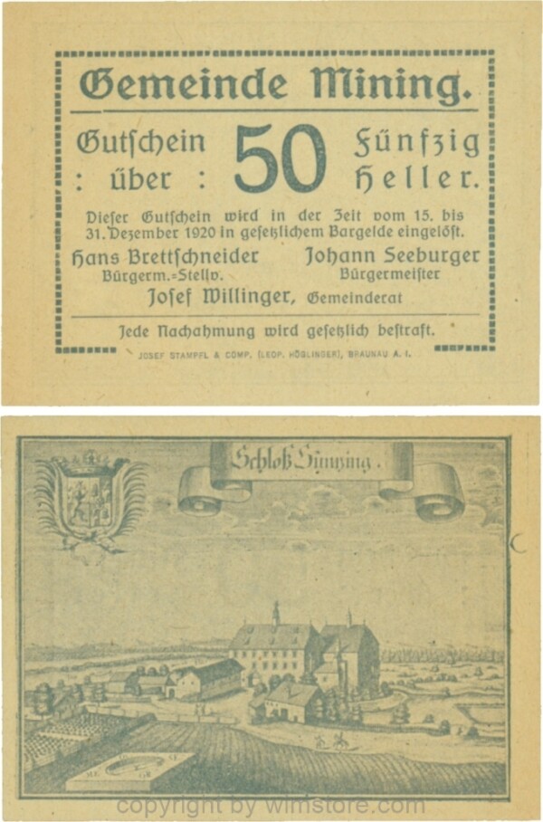 Mining, G0613a, 50 Heller, dünne Wertzahl, Druckfirma in Lateinschrift; 1
