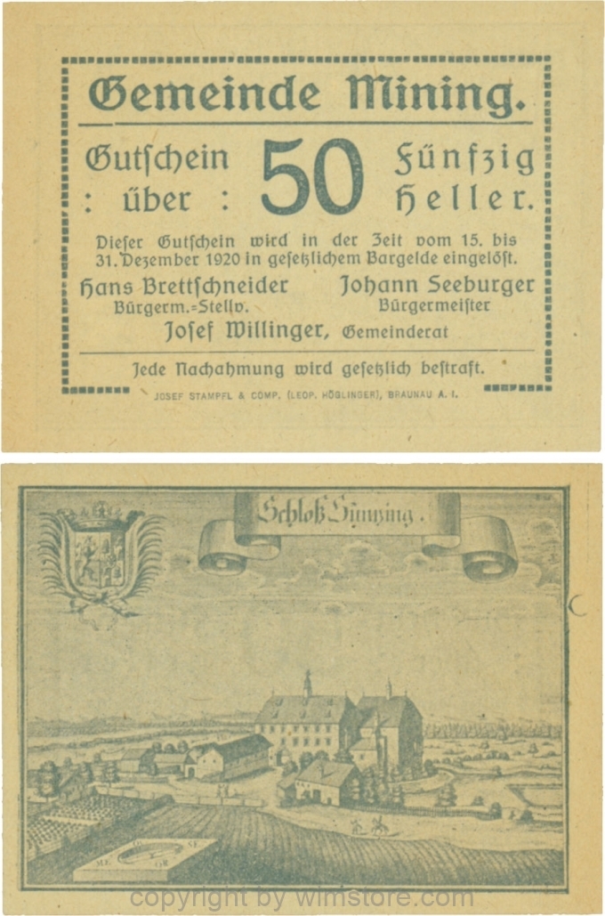 sn109154 Mining, G0613a, 50 Heller, dünne Wertzahl, Druckfirma in Lateinschrift; 1