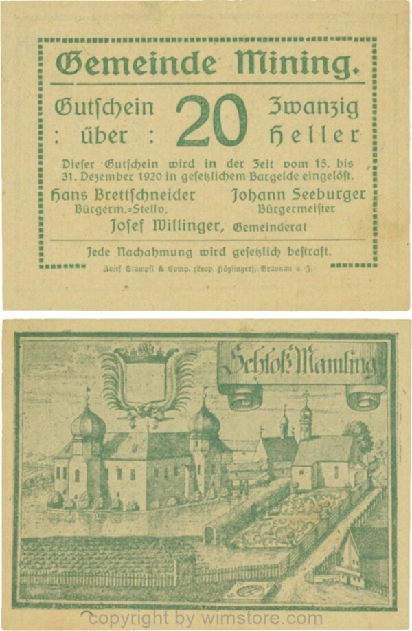 Mining, G0613b, 20 Heller, dünne Wertzahl, Druckfirma in Kurrentschrift; 1-