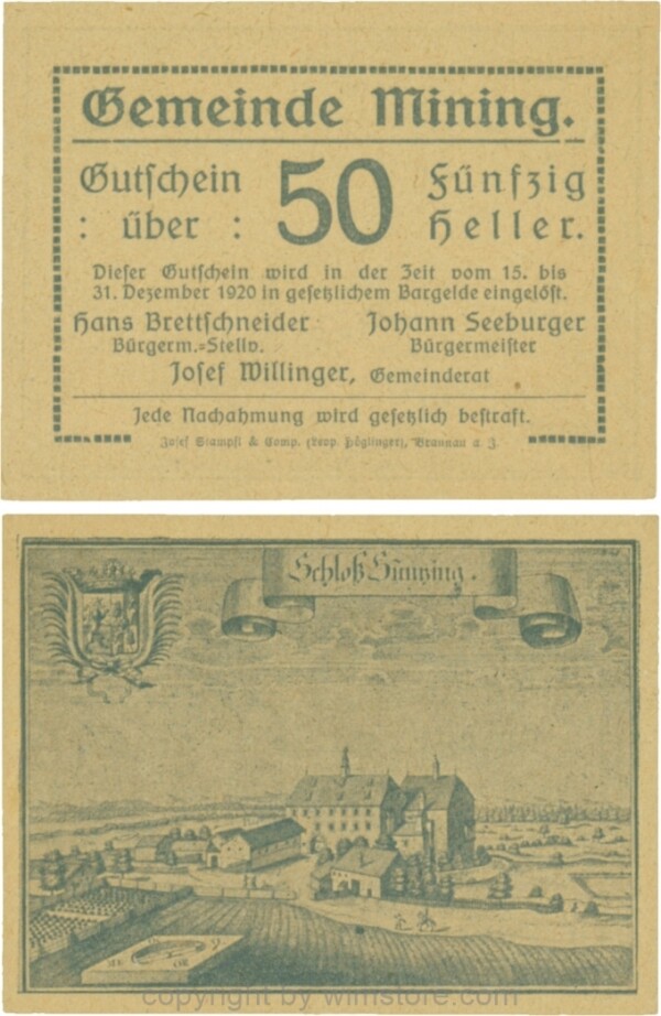 Mining, G0613b, 50 Heller, dünne Wertzahl, Druckfirma in Kurrentschrift; 1-