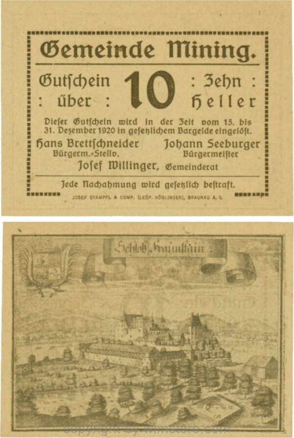 Mining, G0613c, 10 Heller, dicke Wertzahl, Druckfirma in Lateinschrift; 1