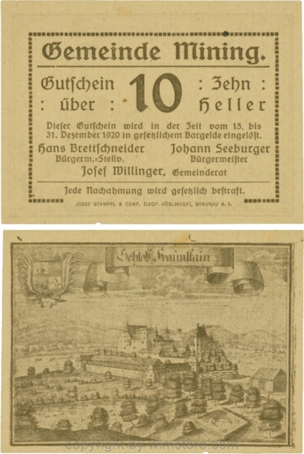 Mining, G0613c, 10 Heller, dicke Wertzahl, Druckfirma in Lateinschrift; 1-