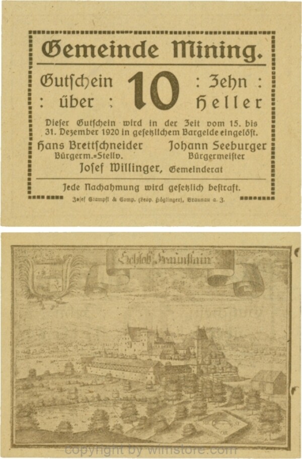 Mining, G0613d, 10 Heller, dicke Wertzahl, Druckfirma in Kurrentschrift; 1