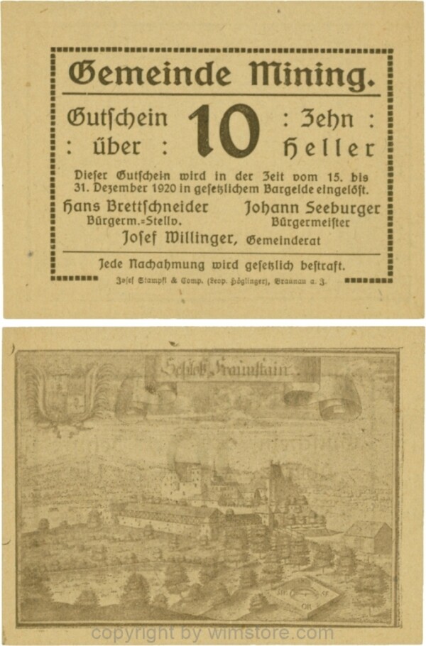 Mining, G0613d, 10 Heller, dicke Wertzahl, Druckfirma in Kurrentschrift; 1-