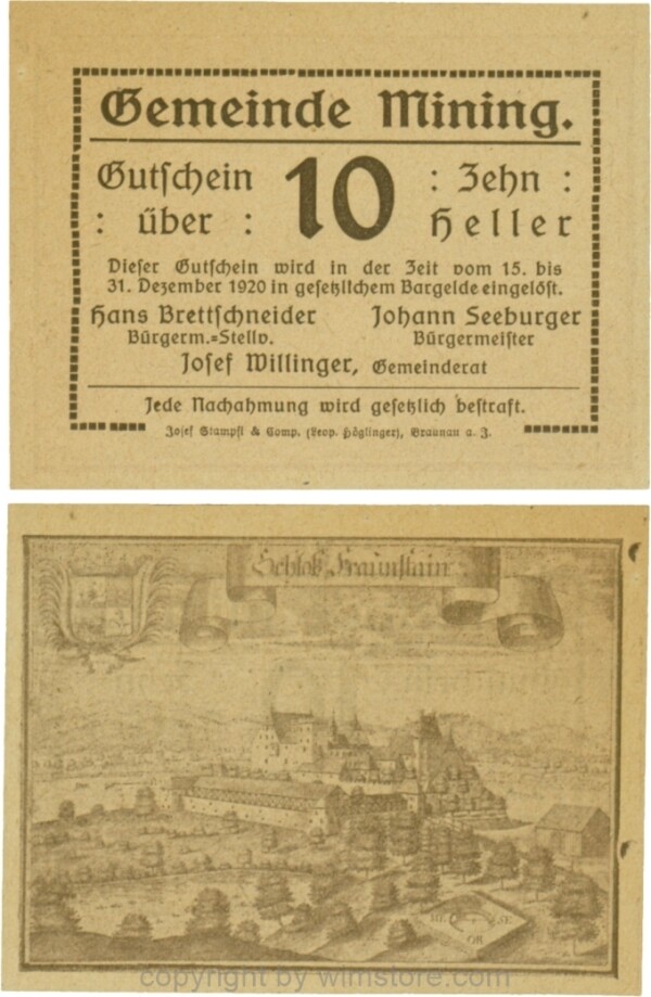 Mining, G0613d, 10 Heller, dicke Wertzahl, Druckfirma in Kurrentschrift; 2