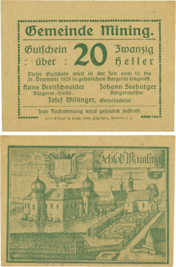 Mining, G0613d, 20 Heller, dicke Wertzahl, Druckfirma in Kurrentschrift; 1