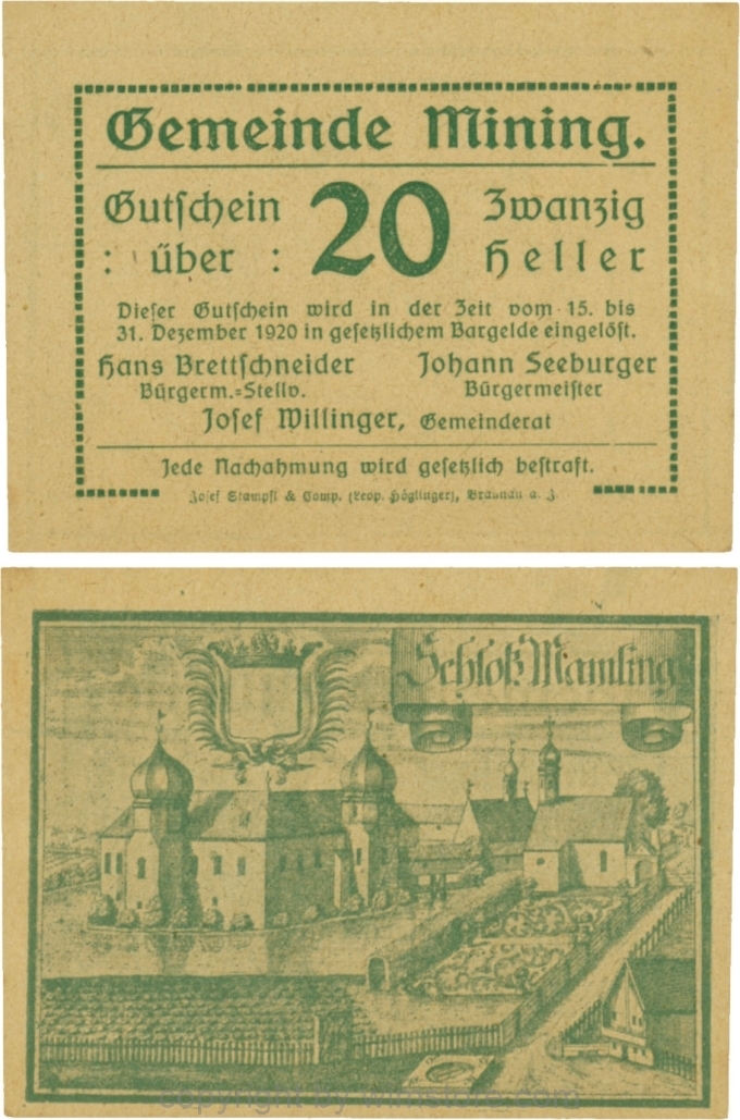 sn109167 Mining, G0613d, 20 Heller, dicke Wertzahl, Druckfirma in Kurrentschrift; 1