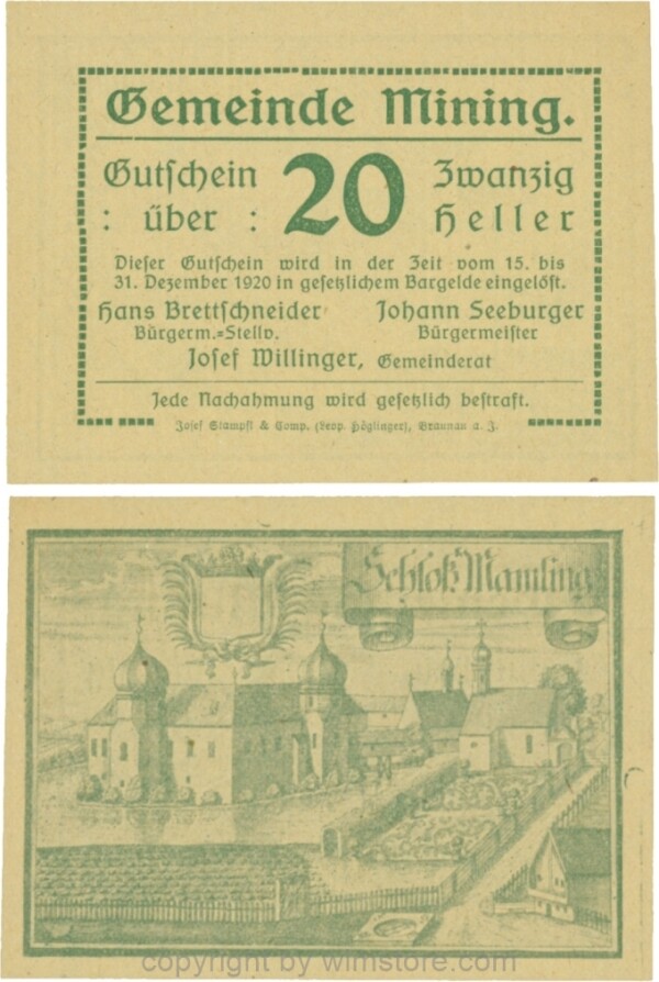 Mining, G0613d, 20 Heller, dicke Wertzahl, Druckfirma in Kurrentschrift; 1-