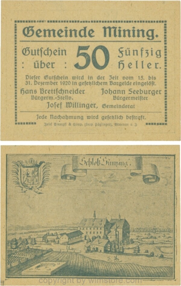 Mining, G0613d, 50 Heller, dicke Wertzahl, Druckfirma in Kurrentschrift; 1