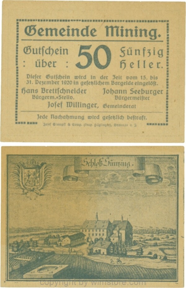 Mining, G0613d, 50 Heller, dicke Wertzahl, Druckfirma in Kurrentschrift; 1-