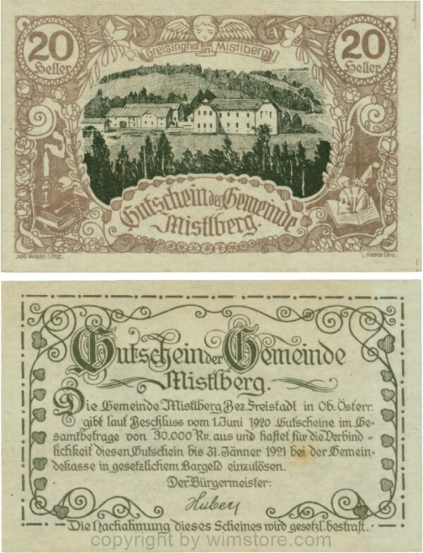Mistelberg, G0615a, 20 Heller; 1-, ggf. etwas vergilbt