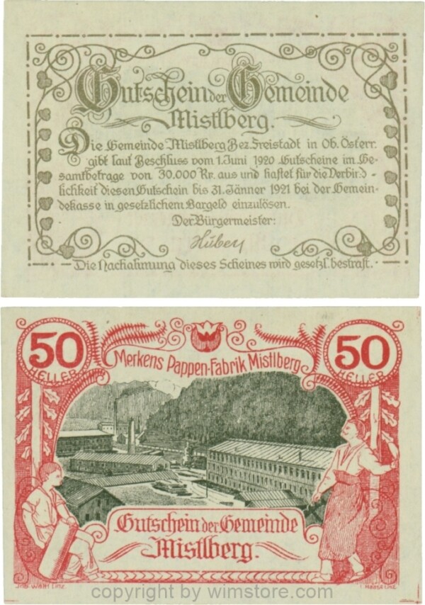 Mistelberg, G0615a, 50 Heller; 1-, ggf. etwas vergilbt