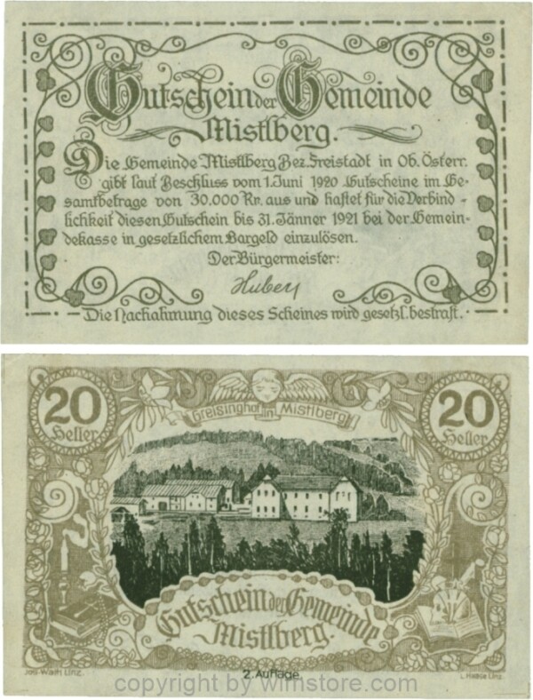 Mistelberg, G0615b, 20 Heller, 2. Auflage; 1-, ggf. etwas vergilbt