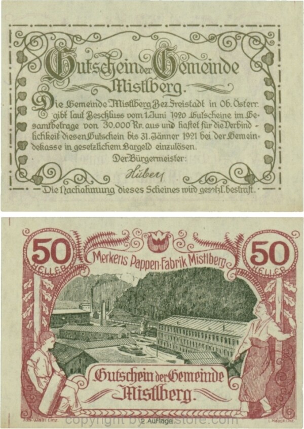 Mistelberg, G0615b, 50 Heller, 2. Auflage; 1-, ggf. etwas vergilbt